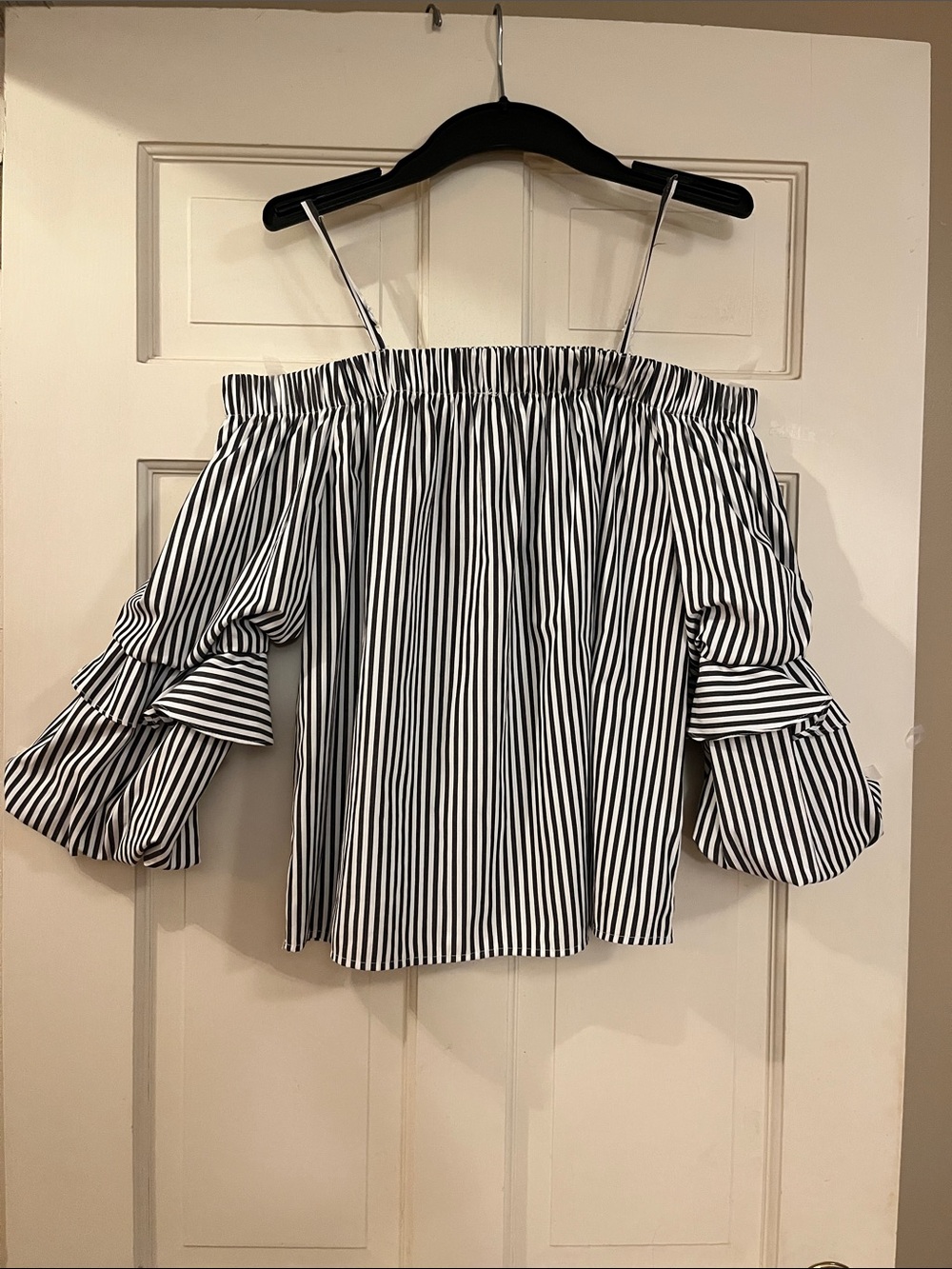 Off-Shoulder Black & White Striped Ruffle Sleeve Top